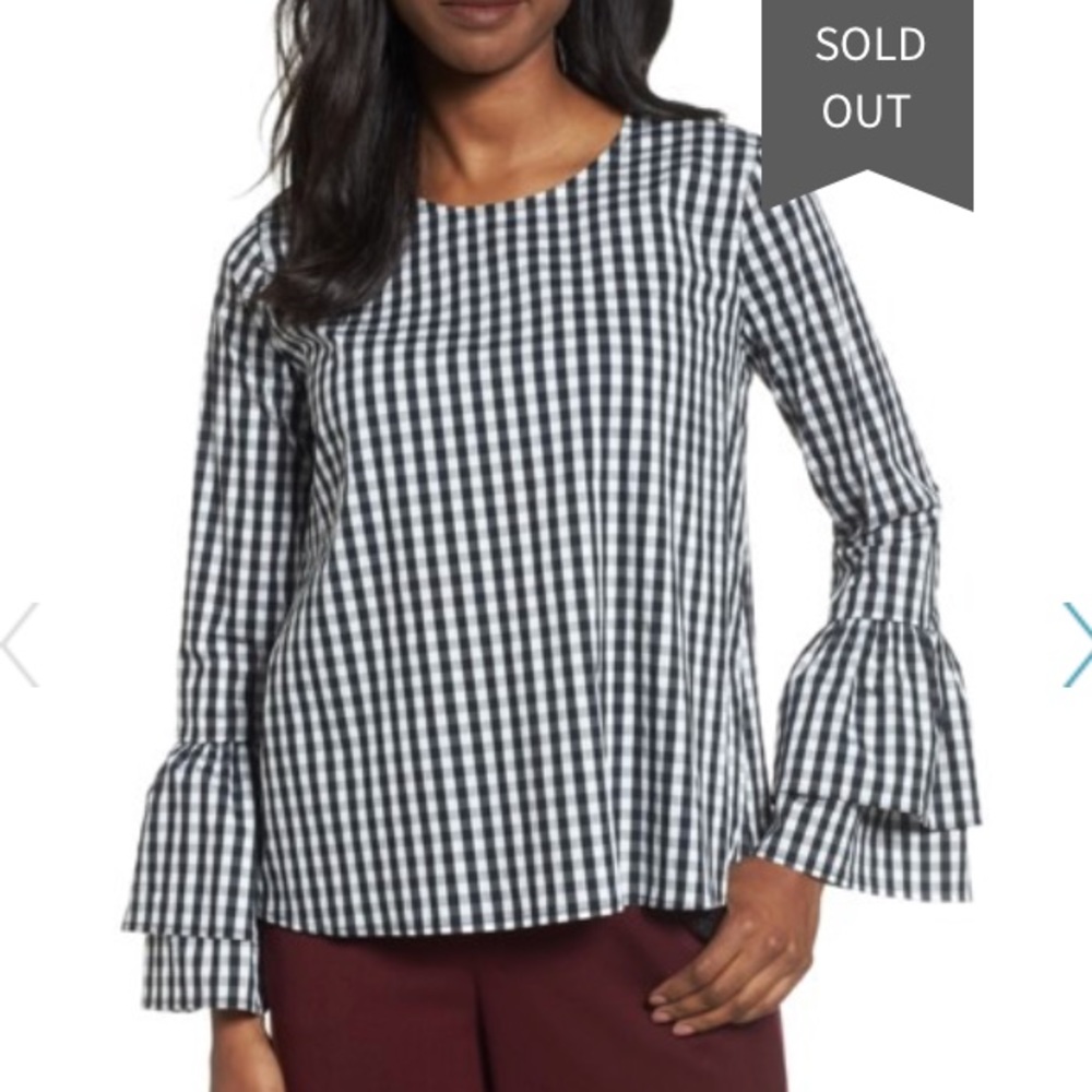 Halogen Gingham Poplin Bell Sleeve Top